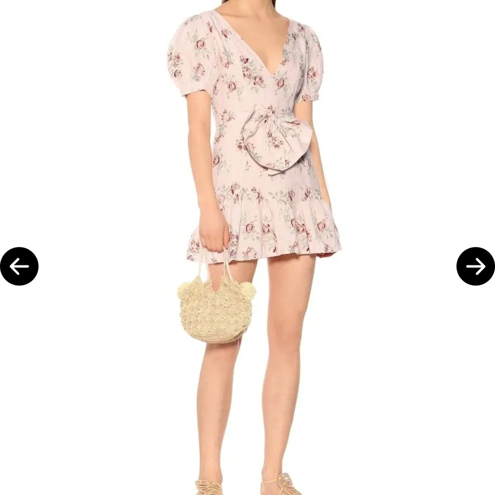 LoveShackFancy Linen Mini Dress Size: S Floral Pink Dress with Ruffle Hem